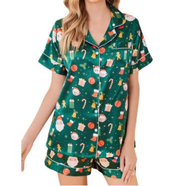 Imagem de Conjunto de pijamas femininos de cetim de seda Ekouaer, manga curta, v