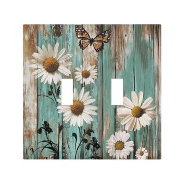 Imagem de JDAKHD Farmhouse Capa de interruptor de luz decorativa floral de 2 gangues margarida branca em fundo de madeira verde vintage placa de parede com interruptor duplo para casa, porão e escritório