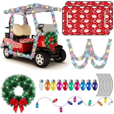 Imagem de Chunful 14 peças de decorações de carrinho de golfe de Natal capas de assento de carrinho de golfe guirlanda de Natal 10 metros fita colorida prata faixa de luz LED 10 lâmpadas de ímã de carro