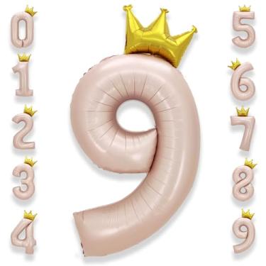 Imagem de AULE Número de 9 balões rosa grande de 101 cm com coroa grande de hélio balões com número de hélio 0-9 jumbo gigante feliz 9º aniversário decorações de festa enorme Mylar suprimentos de festa de