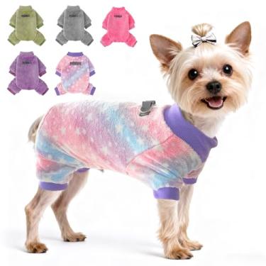 Imagem de PAWCHIE Pijama de veludo felpudo para cães, tecido de inverno para cães pequenos, gatos, meninos e meninas, macacão para animais de estimação, roupas para cães, rosa e roxo