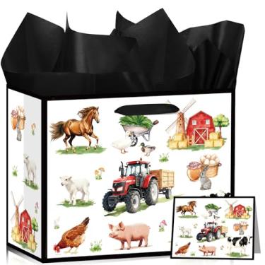 Imagem de Wauprant Bolsa de presente de aniversário de animais de fazenda grande para crianças, meninos, meninas, trator, celeiro, com papel de embrulho e cartão, bolsa de vacas, porcos, cavalos, para amantes