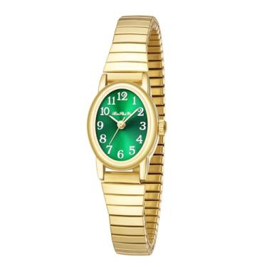Imagem de BOSHIYA Relógio feminino Quartz Easy Reader 23 mm pulseira de expansão de aço inoxidável para pulso pequeno (ouro/prata), Pulseira dourada + mostrador verde 68