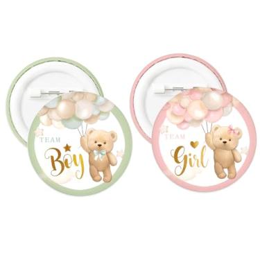 Imagem de JarThenaAMCS 50 peças de botões de revelação de gênero de urso botões de equipe menina ou menino botões aquarela rosa verde balão arco emblemas para chá de bebê, lembrancinhas de festa, suprimentos de