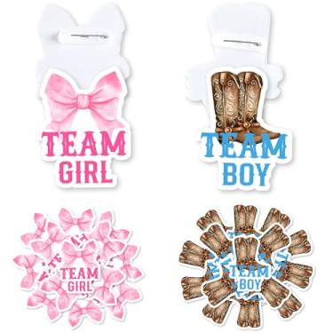 Imagem de 60 peças de botas ou laços, broches de revelação de gênero, chá de bebê, decoração de festa, suprimentos azul e rosa para meninos ou meninas da equipe, lembrancinhas de festa para chá de bebê