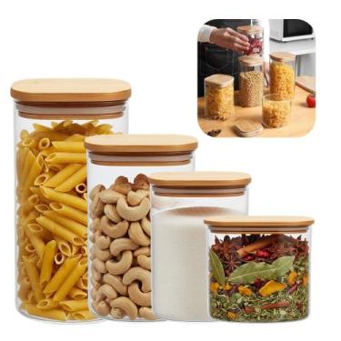 Imagem de Kit 4 Pote de Vidro com Tampa de Bambu Hermético Porta Mantimentos Org