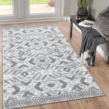 Imagem de KILOCOCO Tapete de área 90 x 12 cm tapete lavável tapete de quarto antiderrapante marroquino tapete macio para cozinha sala de estar banheiro jantar tapete boêmio geométrico, cinza