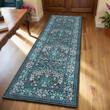 Imagem de GarveeHome Tapete floral 2x6 Runner Antiderrapante Boho Tapete de Banheiro, Macio Pequeno Lavável Tapete de Porta Interior Tapetes Botânicos para Corredor de Cozinha, Azul Escuro