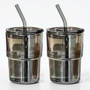 Imagem de Coolcapis Copo de água de 370 ml, canecas de café de vidro com canudo e tampa (2 peças cinza esfumaçado)