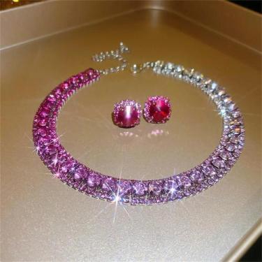 Imagem de Conjunto De Colar E Brincos De Cristal AB Rosa Para Mulheres, Acessóri