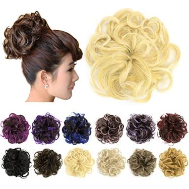 Imagem de IMISSU 2PCS de cabelo bagunçado coque updo scrunchies falsos rabo de cavalo extensão de cabelo ondulado encaracolado chignon faixa de cabeça para meninas (2PCS Loiro)