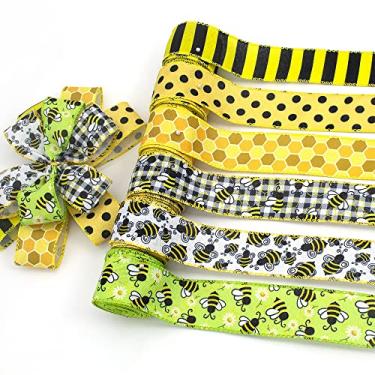 Imagem de Fita estilo linho Bumble Bee de 3,8 cm (30 jardas), primavera, verão artesanato fita de linho afiada, xadrez, listras médias, bolinhas, fitas colmeia para arranjos florais, pacotes e decoração da casa.