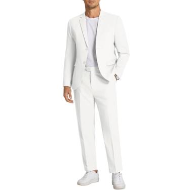 Imagem de COOFANDY Conjunto de roupa masculina de linho de 2 peças, ajuste regular, casual, de linho, leve, verão, praia, casamento, Branco, M