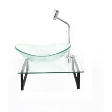 Imagem de Kit Cuba de Vidro Oval 10cm Tampo 40cm com Suporte Torneira Valvula Incolor