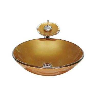 Imagem de Cuba de Vidro Redonda 31cm + Válvula + Torneira Cascata Dourado