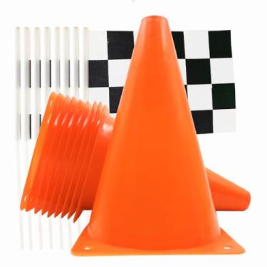 Imagem de YOELVN Cones de trânsito laranja de 18 cm decoração de festa com bandeiras quadriculadas de corrida, cones de plástico de treinamento esportivo de segurança de 28 cm com bandeiras de corrida,