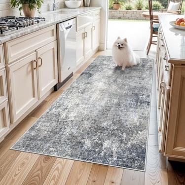 Imagem de Tapete antiderrapante lavável de 10 x 15 cm – Tapete moderno abstrato neutro pequeno para entrada interna, cozinha, quarto, sala de estar, escritório – Tapetes finos de pelo baixo (azul cinza, 10 x 15