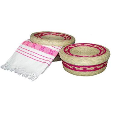 Imagem de Pacote com 2 cestas de palma feitas à mão mexicanas com tampa e 1 pano de tecido para guardanapo (servilleta mexicana) 100% algodão ecológico aquecedor de tortilha (tortillero) para decoração de festa, rosa
