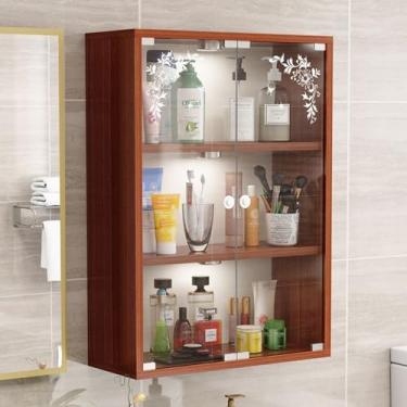 Imagem de Armário de parede de madeira teca com portas de vidro - Unidade de armazenamento de exibição de 2/3 níveis para casa, banheiro, escritório, sala de jantar e sala de estar - Decoração que economiza