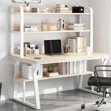 Imagem de Mesa de computador com gaiola e estante, mesa de estudo de escrita que economiza espaço com prateleiras de armazenamento abertas, mesa de trabalho moderna simples de madeira com moldura de metal para