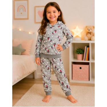 Imagem de Pijama Infantil Feminino de Inverno com Capuz e Bolso Menina Suede com