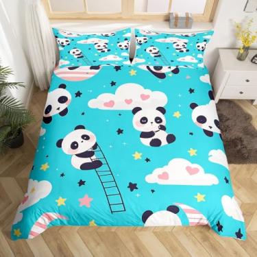 Imagem de Conjunto de capa de edredom kawaii, tamanho casal, céu estrelado, nuvens, amor, coração, sonhador, decoração de quarto de meninos e meninas, capa de edredom rústica com urso de desenho animado, capa