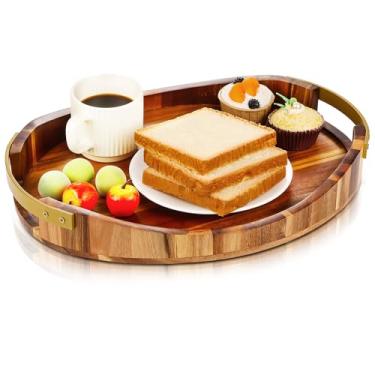 Imagem de Bandeja de servir de madeira de acácia com alças de metal – Bandeja decorativa redonda de 40,6 cm x 33 cm com alças para sala de estar, mesa de centro, café da manhã na cama, exibição de velas