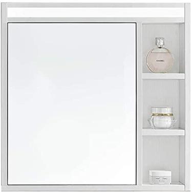 Imagem de Armário de espelho de banheiro de madeira com faróis de LED retangular caixa de espelho de armazenamento de parede com espelho de vaidade (cor: cor Wujinmu) (branco)