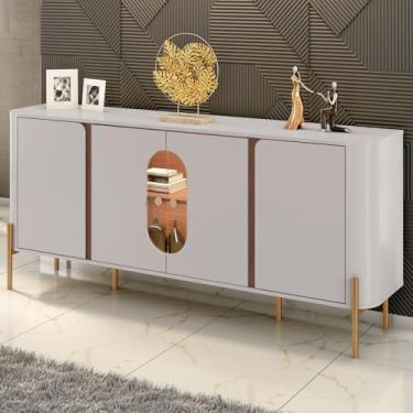 Imagem de Balcão Buffet Tambaú 4 Portas 1 Prateleira com Vidro e Led Off White/Cinamomo - Móveis Bechara