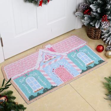 Imagem de Dunzy Tapete de Natal pastel para casa de gengibre 74 x 41 cm rosa Natal natural tapete de porta de pão de gengibre tapete antiderrapante para porta de entrada interior exterior sala de estar