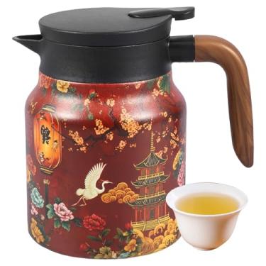 Imagem de Bule de chá vintage com estampa de flor, 1000 ml, isolamento a vácuo, bule térmico de aço inoxidável com infusor removível e cabo de madeira para escritório em casa (vermelho)