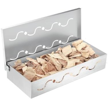 Imagem de Pariplus Caixa de defumador para grelhar a gás - Caixa de fumaça de aço inoxidável resistente para churrasqueira a gás com tampa articulada conveniente, caixa de defumador de lascas de madeira para