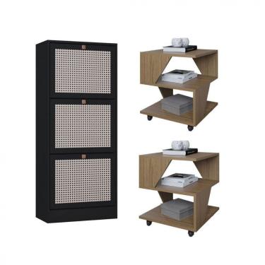 Imagem de Kit Sapateira Spin Tropical 3 Portas E 2 Mesas De Cabeceira Carvalho/preto