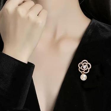 Imagem de Broche de pérola de camélia preto broche de corsage de luto francês de alta qualidade elegante bolsa de pano cachecol acessórios broche, one size, Metal, Sem Pedra Preciosa