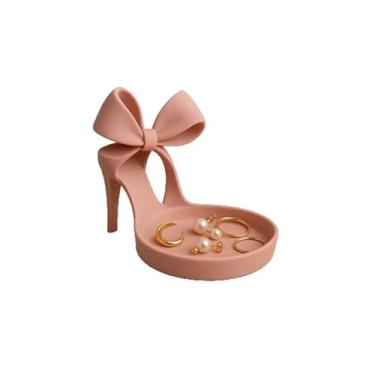 Imagem de Suporte de joias de sapato de salto alto, suporte de exibição de anel rosa com laço, organizador de bandeja decorativa de joias