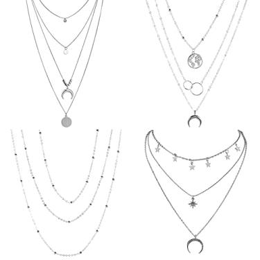 Imagem de RINHOO FRIENDSHIP 4 – 6 colares de várias camadas para mulheres, gargantilha, colar com moeda de estrela e lua, corrente de ouro/prata, joias para mulheres e meninas, Metal, não conhecido