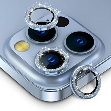 Imagem de CloudValley Protetor de lente de câmera para iPhone 13 Pro - iPhone 13 Pro Max, filme de vidro temperado 9H, capa protetora de lente de liga de alumínio, azul Sierra Bling