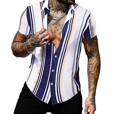Imagem de Uni Clau Camisas masculinas de manga curta com botões e estampa listrada, 208, GG