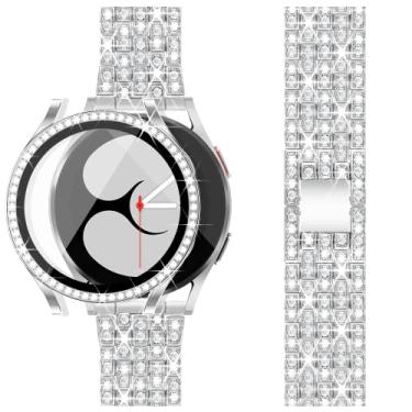 Imagem de G-ficu Pulseira de diamante compatível com Samsung Galaxy Watch 4 5 FE de 40 mm com capa protetora de tela, pulseira feminina de metal brilhante de 20 mm e capa protetora - prata