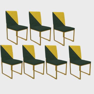 Imagem de Kit 07 Cadeira Office Stan Duo Sala de Jantar Industrial Ferro Dourado Suede Verde e Amarelo - Ahz Móveis