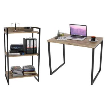 Imagem de Conjunto Escritório Estilo Industrial Mesa 90Cm E Estante 60Cm 3 Prateleiras Prisma C08 Carvalho