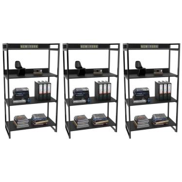 Imagem de Kit 3 Estantes Livreiro Multiuso Prisma 80Cm 4 Prateleiras Preto Onix