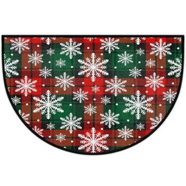 Imagem de Pardick Capacho meio redondo de Natal floco de neve vermelho verde semicírculo tapete antiderrapante para entrada interna externa meia lua tapete lavável para cozinha, banheiro, pátio, lareira