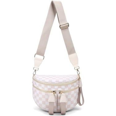 Imagem de hibear Bolsas de nylon para mulheres, bolsa transversal espaçosa, quadriculada, pochetes grandes para mulheres bolsa de cinto, W-bege, 12.2 x 5.51 x 8.66 inches, Despojado
