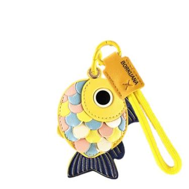 Imagem de Capa de couro compatível com AirTag, linda capa protetora com chaveiro e cordão, antiarranhões, rastreador GPS para chaves, bolsa, animais de estimação, mochila (peixe amarelo)