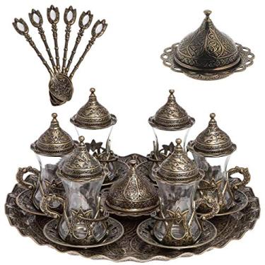 Imagem de Alisveristime Conjunto de copos de chá turco feito à mão Zamzam, pires, bandeja e colher (verde autêntico)