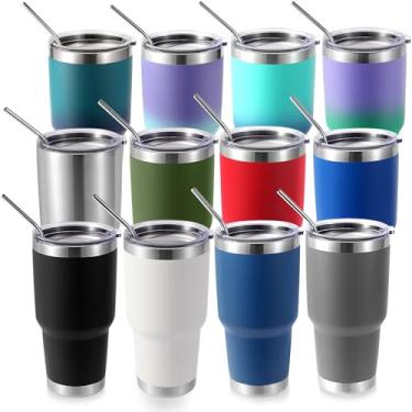 Imagem de Volhoply Caneca isolante de 900 ml com tampa e canudo pacote com 12, canecas de café de viagem de parede dupla para bebidas quentes/frias, cabe em porta-copos de carro, sem BPA (multicolorido, 12