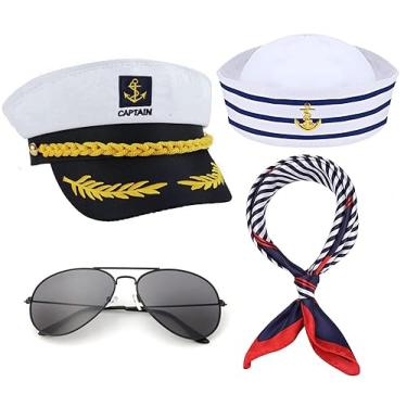Imagem de Conjunto de acessórios de fantasia de capitão iate boné de marinheiro chapéu de marinheiro cachecol óculos de sol cosplay de Halloween (clássico 4 peças)