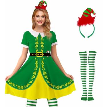 Imagem de For G and PL Fantasia feminina de elfo natalino, manga curta, vermelho, verde, vestido rodado com faixa de cabeça e meias listradas, Elfo de Natal, X-Large