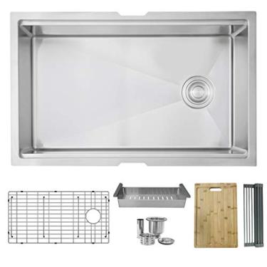 Imagem de Stylish Pia para estação de trabalho de 76 x 48 cm, aço inoxidável, reversível, 25 cm, tigela única de profundidade, pia de cozinha com filtro de cesta de grade, escorredor e tábua de corte, S-611W